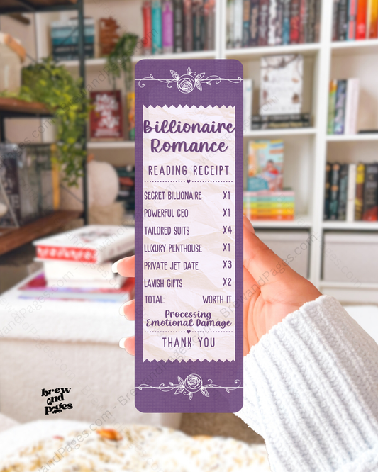 Billionaire Romance Reading Receipt - Bookmark - Brew and Pages