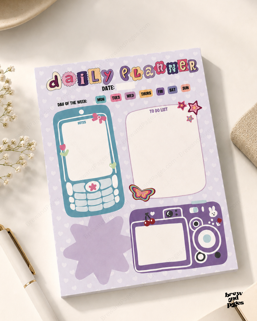 Y2K themed Daily Planner - A4 Notepad - Brew and Pages